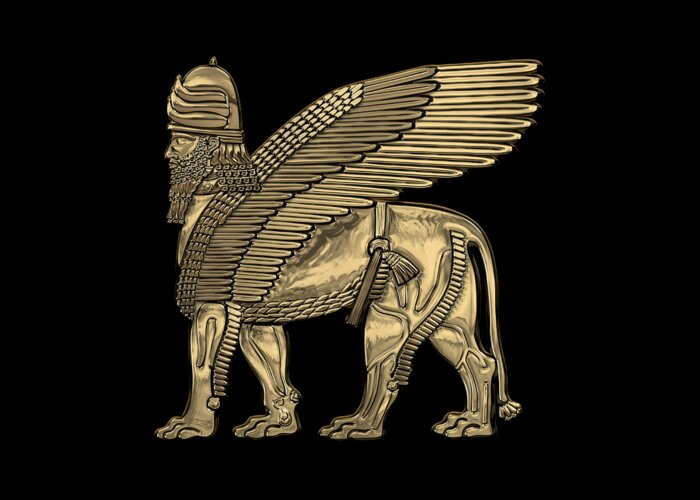 ‘treasures Of Mesopotamia’ Collection By Serge Averbukh Greeting Card featuring the digital art Assyrian Winged Lion - Gold Lamassu over Black Canvas by Serge Averbukh