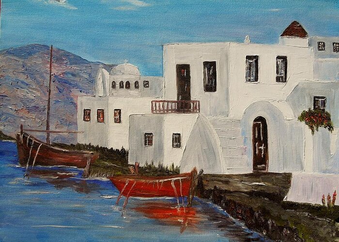 Boat Greeting Card featuring the painting At home in Greece by Marilyn McNish