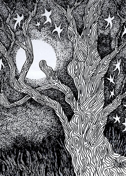 Tree Greeting Card featuring the drawing At Night Beside The Twisted Tree by Yvonne Blasy