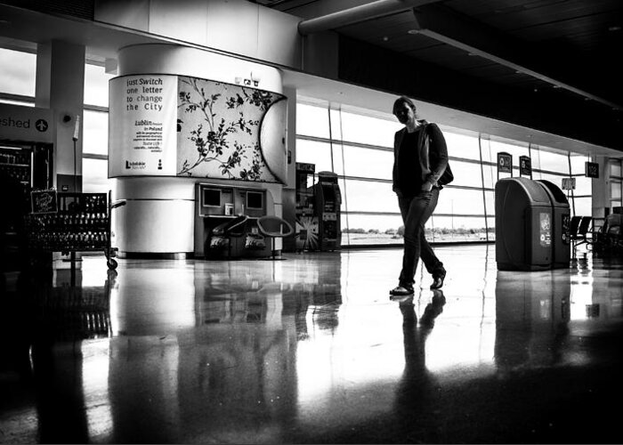 24mm Greeting Card featuring the photograph At the airport - Dublin, Ireland - Black and white street photography by Giuseppe Milo