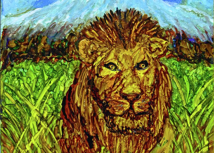 Lion Greeting Card featuring the painting At the Base of the Mountain by Eunice Warfel