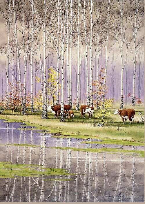 Dairy Cattle Greeting Card featuring the painting At the Pond by Conrad Mieschke