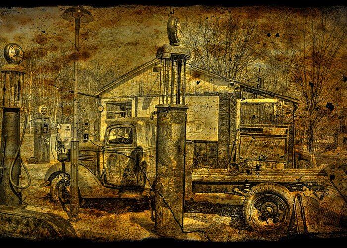 Aged Default Greeting Card featuring the photograph AT THE PUMPS No.7009A1 by Janice Adomeit