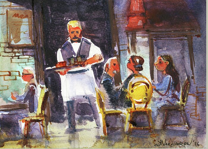 Watercolors Greeting Card featuring the painting At the Restaurant by Kristina Vardazaryan