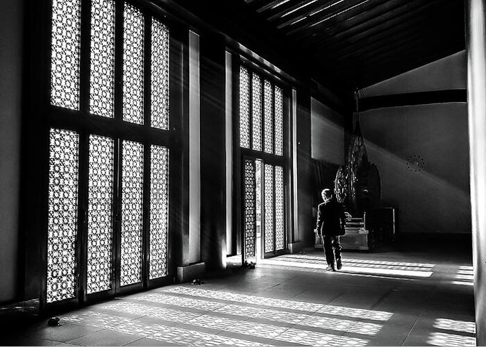 Black Greeting Card featuring the photograph At the temple - Tokyo, Japan - Black and white street photography by Giuseppe Milo