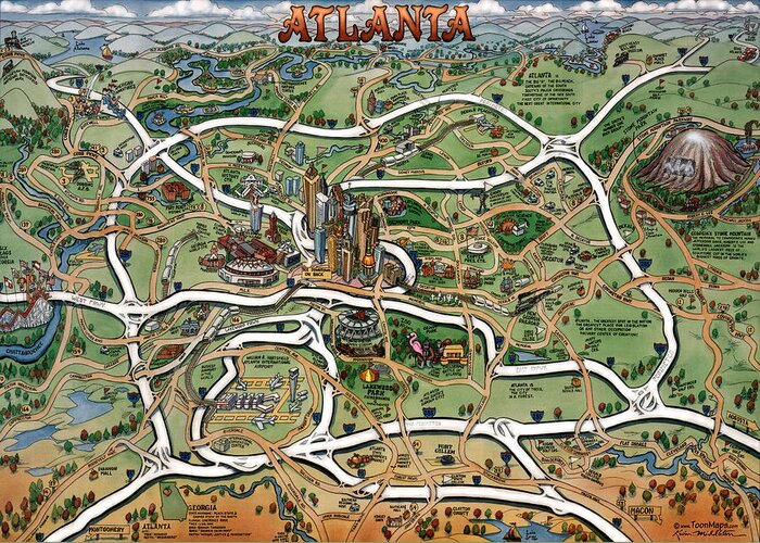 Atlanta Greeting Card featuring the painting Atlanta Cartoon Map by Kevin Middleton