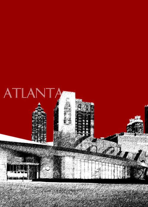Architecture Greeting Card featuring the digital art Atlanta World of Coke Museum - Dark Red by DB Artist