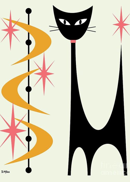 Mid Century Modern Greeting Card featuring the digital art Atomic Cat Pink and Gold on Cream by Donna Mibus