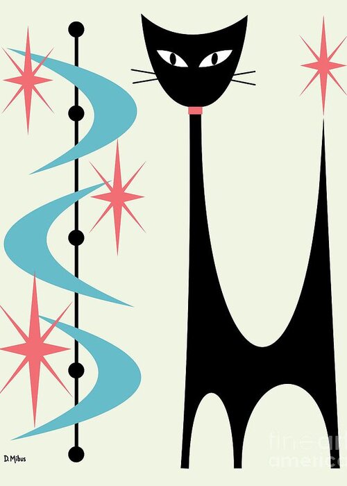 Mid Century Modern Greeting Card featuring the digital art Atomic Cat Pink and Turquoise on Cream by Donna Mibus