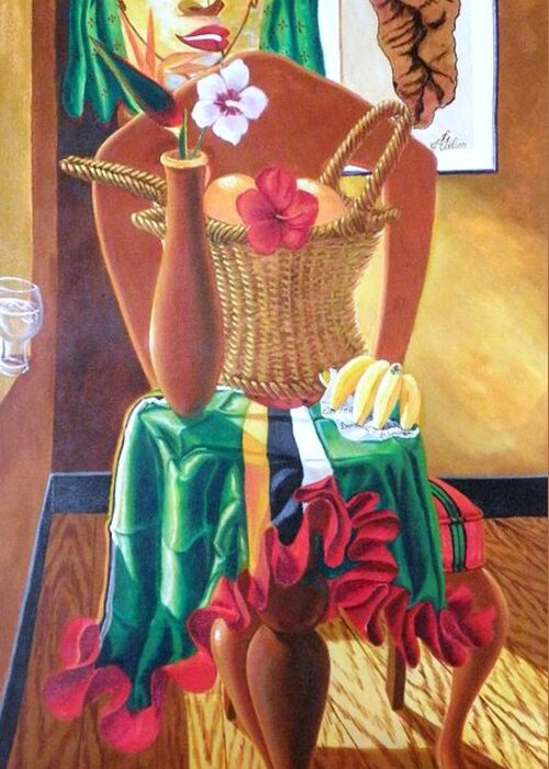 Dominica Museum; Anthropomorphic Perception; Visual Pun; Portsmouth Dominica; Dominique; Greeting Card featuring the painting Attributes of Dominique Kubuli by David G Wilson