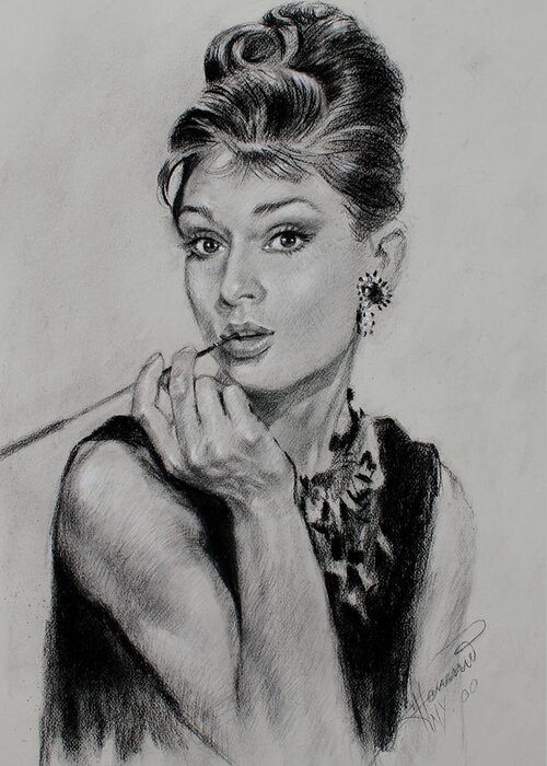 Audrey Hepburn Greeting Card featuring the drawing Audrey Hepburn by Ylli Haruni