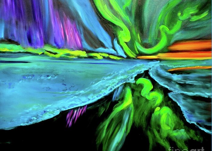 Aurora Borealis Greeting Card featuring the painting Aurora by Jenny Lee