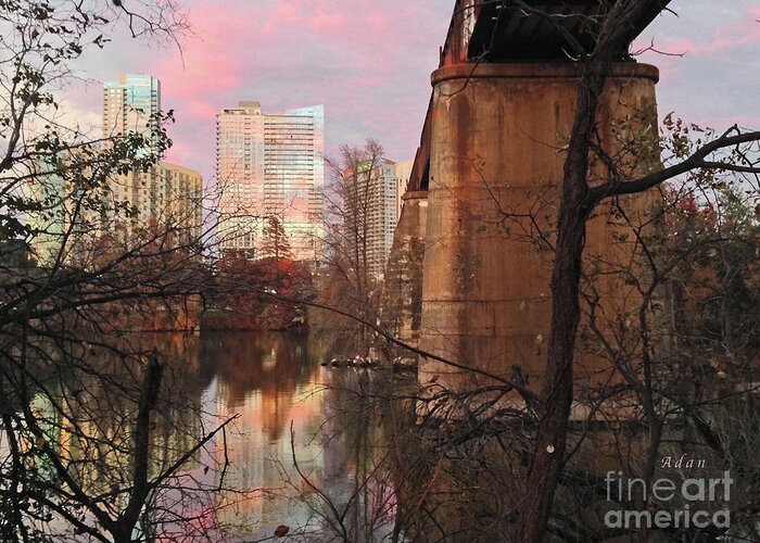 Triptych Greeting Card featuring the photograph Austin Hike and Bike Trail - Train Trestle 1 Sunset Triptych Middle by Felipe Adan Lerma