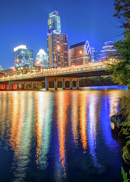 America Greeting Card featuring the photograph Austin Texas Skyline Night Reflections by Gregory Ballos