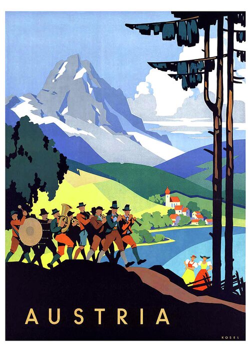 Austria Greeting Card featuring the painting Austria mountains, musicians on picnic by Long Shot
