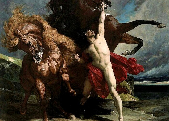 Henry Regnault Automedon Horses Achiles Greek Mythology Iliad Trojan War Homer French Neoclassicism Greeting Card featuring the painting Automedon with the Horses of Achilles by Henri Regnault