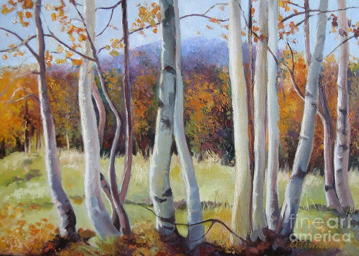 Birch Greeting Card featuring the painting Autumn birches by Elena Oleniuc