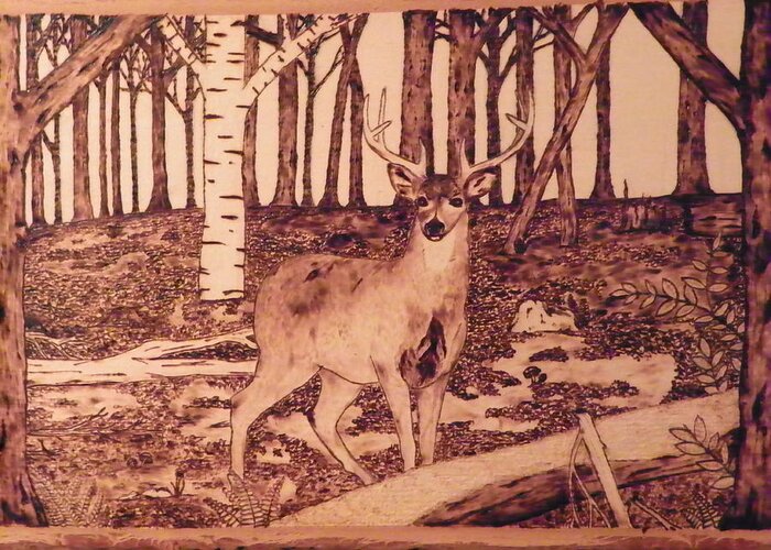 Forest Greeting Card featuring the pyrography Autumn Deer by Andrew Siecienski