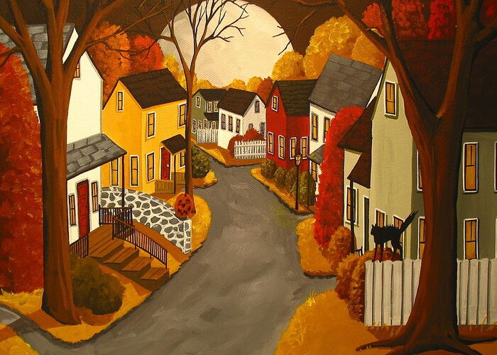 Folk Art Greeting Card featuring the painting Autumn Dreams - folk art by Debbie Criswell