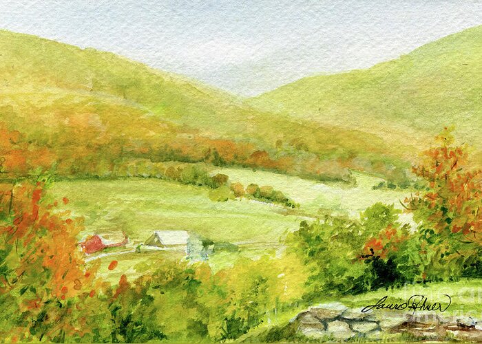 Watercolor Greeting Card featuring the painting Autumn Farm in Vermont by Laurie Rohner
