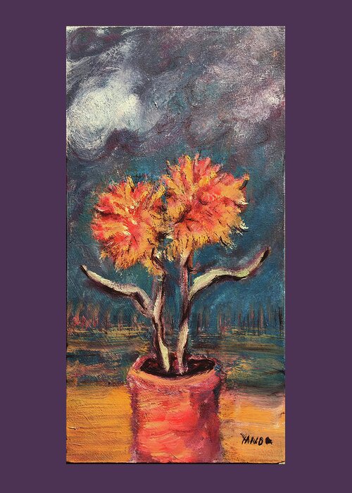 Autumn Feathered Petals Planted Vase Soft Clouds Two Flowers Original Art Oil Painting By Katt Yanda Greeting Card featuring the painting Autumn Feathered Petals by Katt Yanda