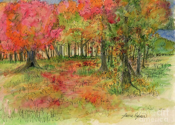 Watercolor Greeting Card featuring the drawing Autumn Forest Watercolor Illustration by Laurie Rohner