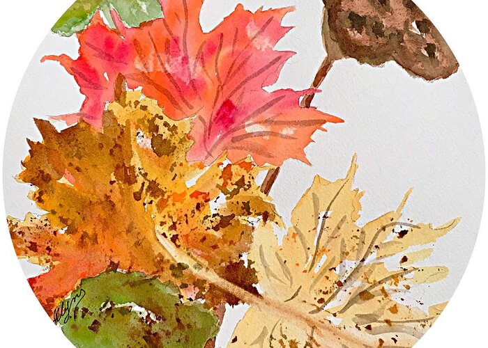 Autumn Leaves Greeting Card featuring the painting Autumn Leaves Still Life Round by Ellen Levinson