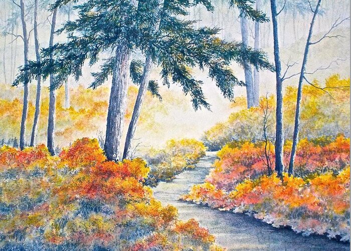 Watercolor Greeting Card featuring the painting Autumn Mist by Carolyn Rosenberger