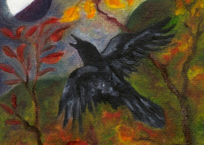 Autumn Greeting Card featuring the painting Autumn Moon Raven by FT McKinstry