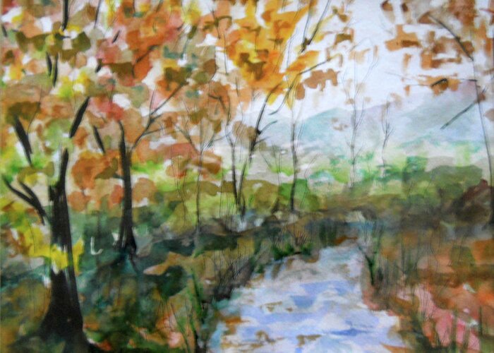 Orange Foliage Greeting Card featuring the painting Autumn Stream by Olga Kaczmar