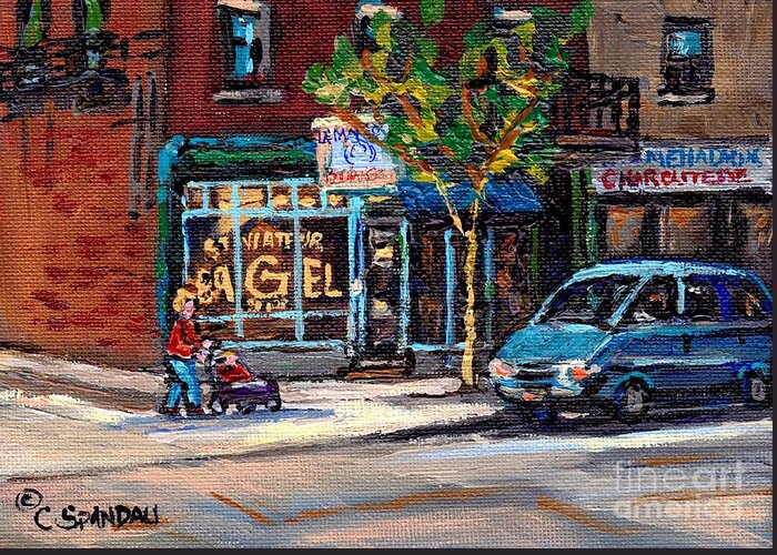 St. Viateur Bagel And Mehadrins Greeting Card featuring the painting Autumn Street Scenes Canadian Paintings St Viateur Bagel Best Authentic Original Montreal Art by Carole Spandau