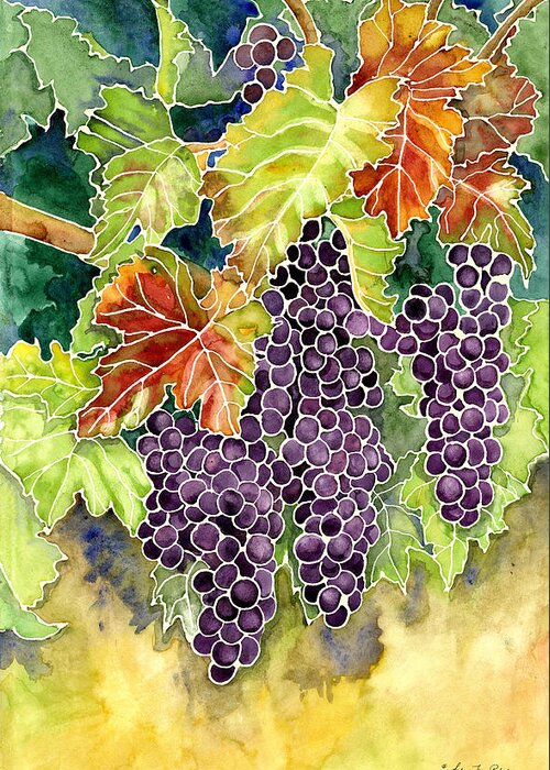 Cabernet Sauvignon Grapes Greeting Card featuring the painting Autumn Vineyard in its Glory - Batik Style by Audrey Jeanne Roberts
