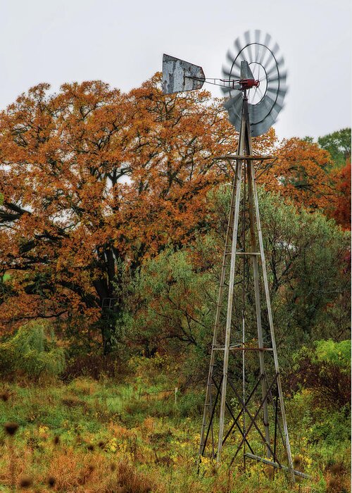 Windmill Oak Autumn Fall Antique Vertical Landscape Scenic Wi Wisconsin Stoughton Greeting Card featuring the photograph Autumn Windmill by Peter Herman