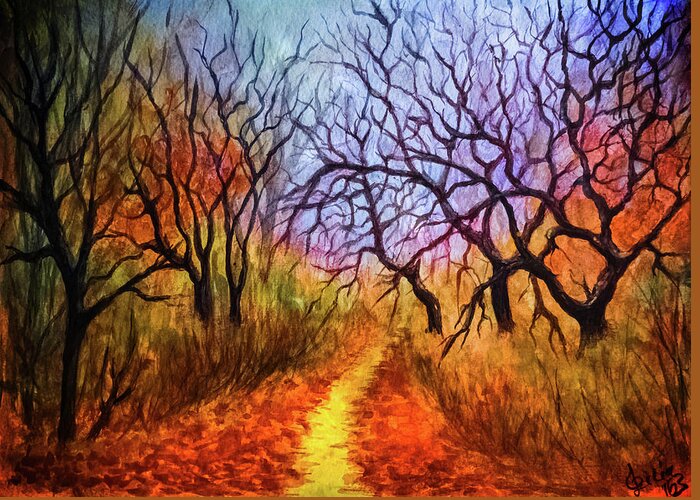 Autumn Landscape Greeting Card featuring the painting Autumn's Secret Path by Lilia D