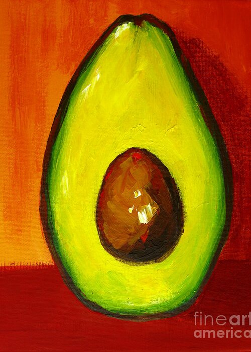 Modern Avocado Art Greeting Card featuring the painting Avocado Modern Art, Kitchen Decor, Orange and Red Background by Patricia Awapara