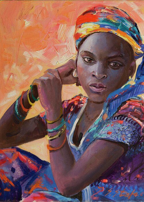 Beautiful Greeting Card featuring the painting Awa, Beautiful Girl from Senegal by Sefedin Stafa
