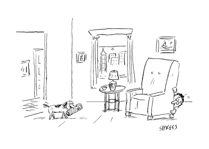 Dog Greeting Card featuring the drawing Awaiting todays news by David Sipress