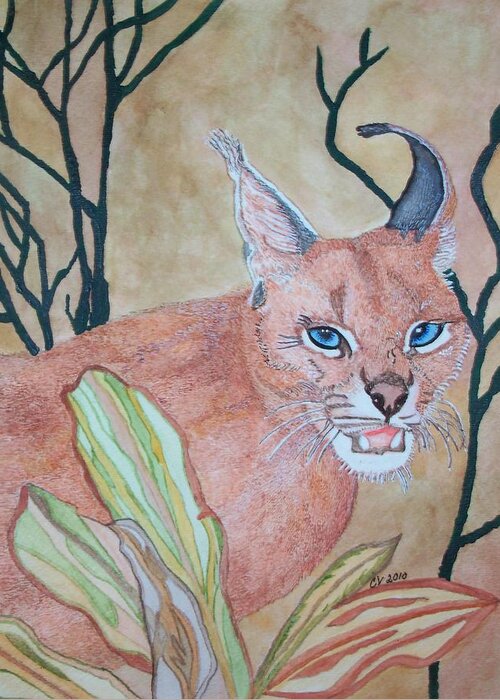 Caracal Golden Cat Greeting Card featuring the painting Awaiting Your Mistake by Connie Valasco
