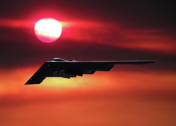 B-2 Stealth Bomber Greeting Card featuring the mixed media B-2 Stealth Bomber in the Sunset by Erik Simonsen