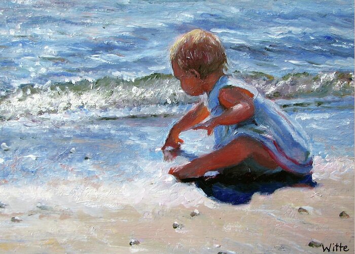Babies Greeting Card featuring the painting Baby and the Beach by Marie Witte