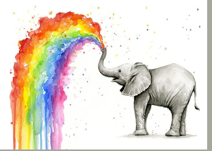 Baby Greeting Card featuring the painting Baby Elephant Spraying Rainbow by Olga Shvartsur