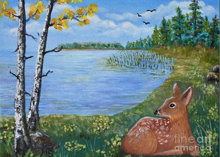 Deer Greeting Card featuring the painting Baby Fawn in Spring by Monika Shepherdson