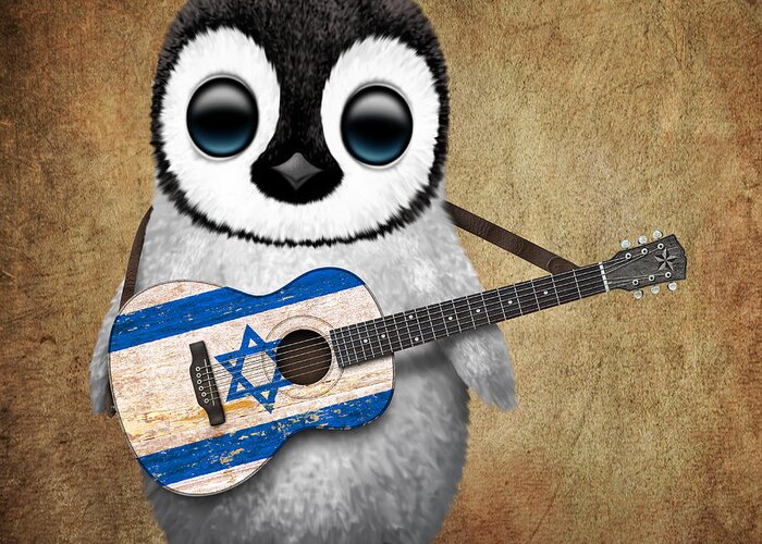 Penguin Greeting Card featuring the digital art Baby Penguin Playing Israeli Flag Guitar by Jeff Bartels