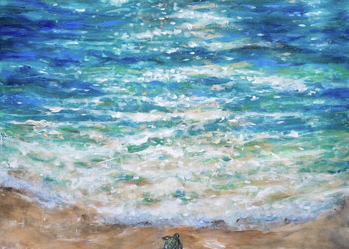 Sea Turtle Greeting Card featuring the painting Baby Turtles First Plunge by Linda Olsen