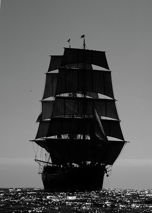 Black And White Greeting Card featuring the photograph Back lit Tall Ship by David Shuler