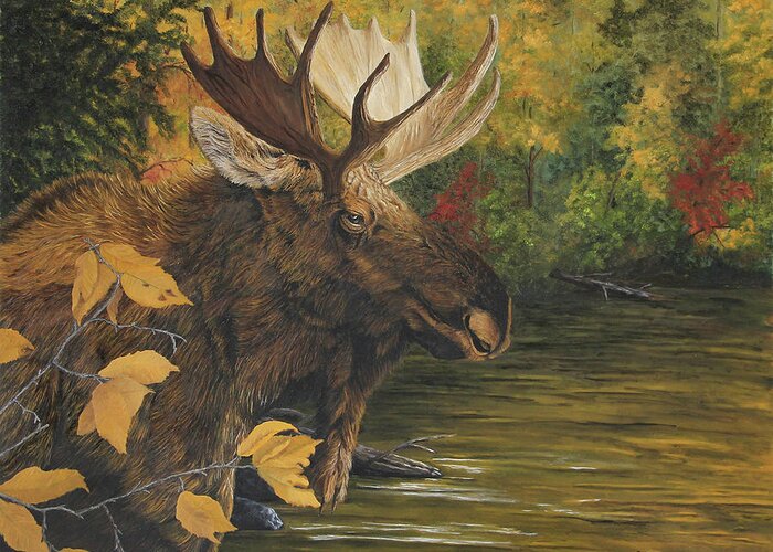 North American Wildlife Greeting Card featuring the painting Backwater In Autumn - Moose by Johanna Lerwick