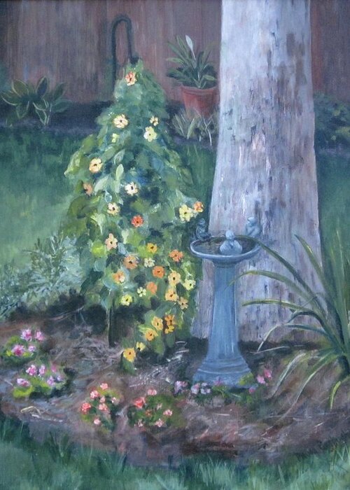 Everything In Bloom In Summertime Greeting Card featuring the painting Backyard by Paula Pagliughi