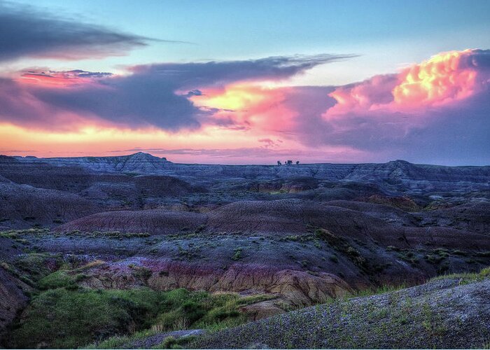 Sunrise Greeting Card featuring the photograph Badlands Sunrise by Fiskr Larsen