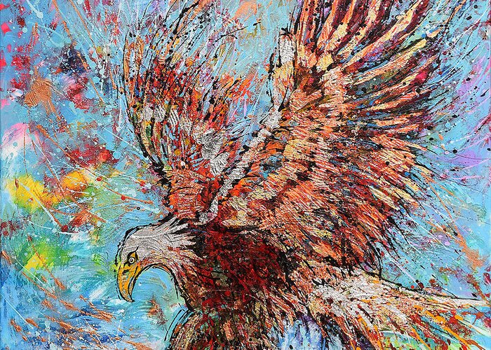 Bald Eagle Greeting Card featuring the painting Bald Eagle Hunting by Jyotika Shroff