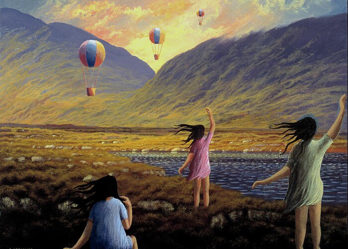  Landscape Greeting Card featuring the painting Balloon children by Alan Kenny